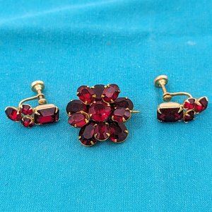 Vintage ruby colored brooch and earring set